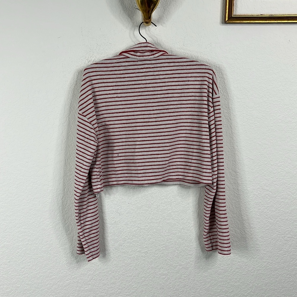Topshop Terrycloth Stripe Button Up Polo in Red and White - Picture 5 of 8